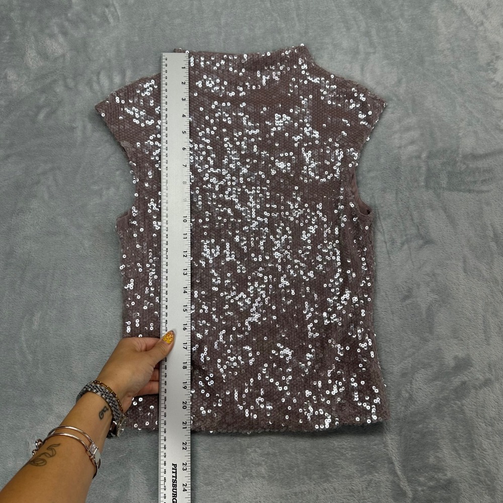 Elodie Womens Mauve Silver Sequin Mock Neck Sleeveless Cap Sleeve Top Small - Picture 2 of 7